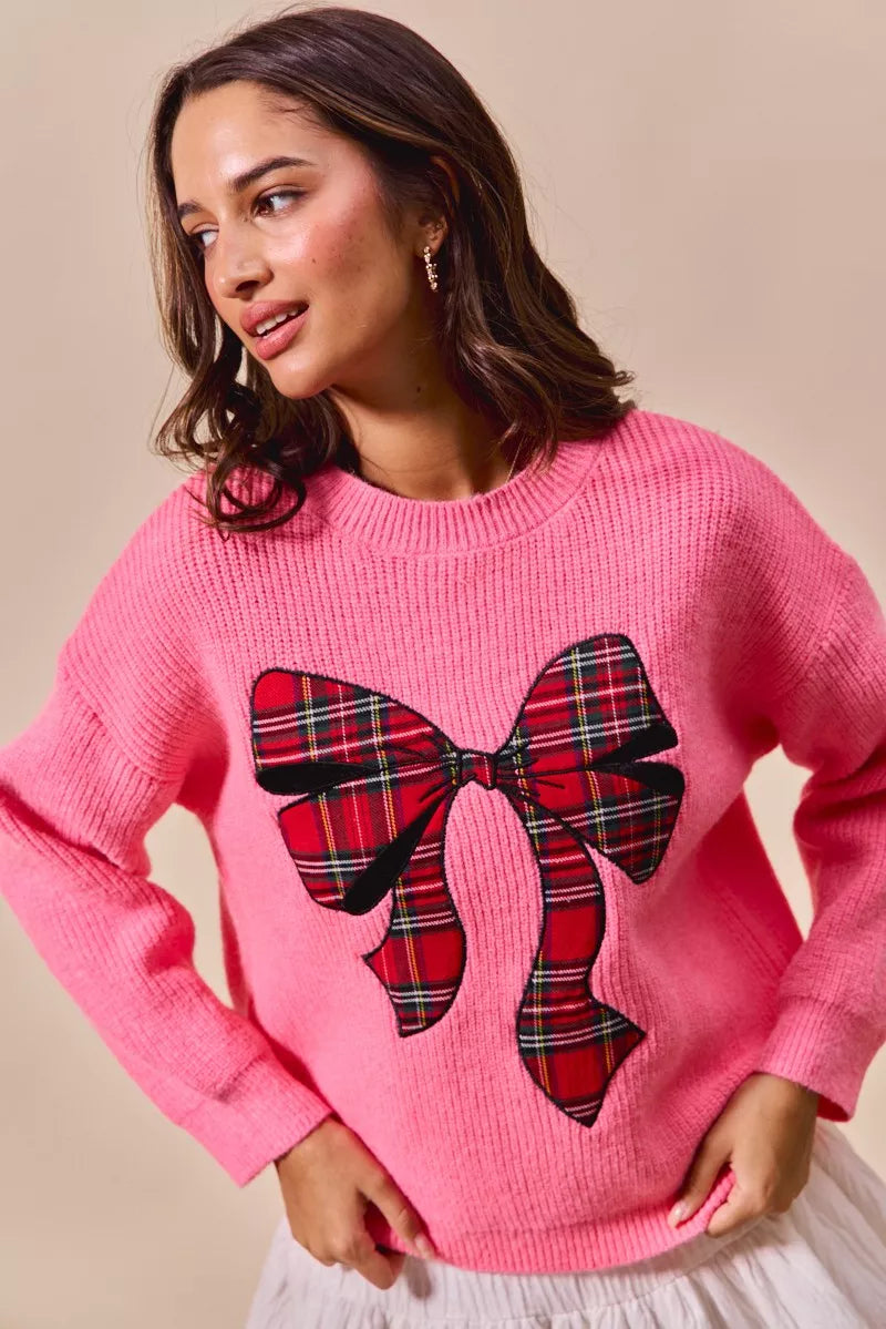 SO ME Checker Plaid Ribbon Christmas Holiday Sweater - Sydney So Sweet