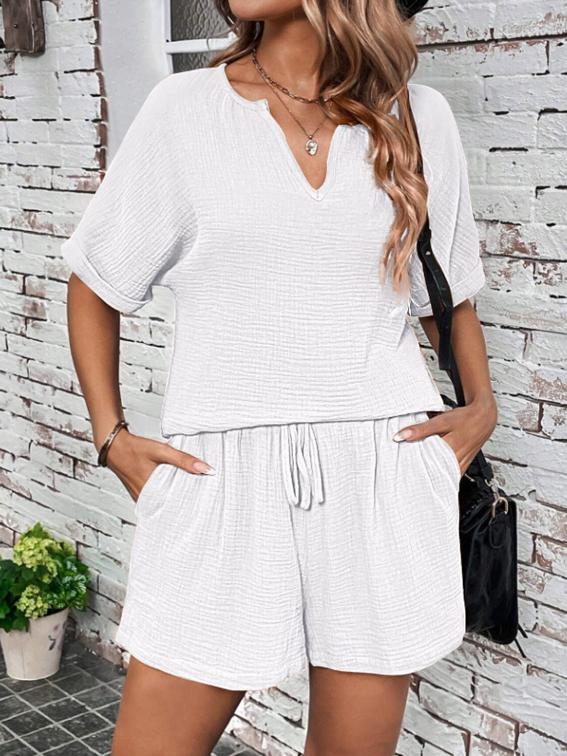 Notched Half Sleeve Top and Shorts Set - Sydney So Sweet