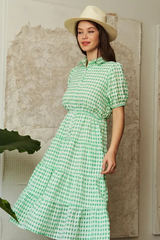 Davi & Dani Checkered Puff Sleeve Tiered Shirt Dress - Sydney So Sweet