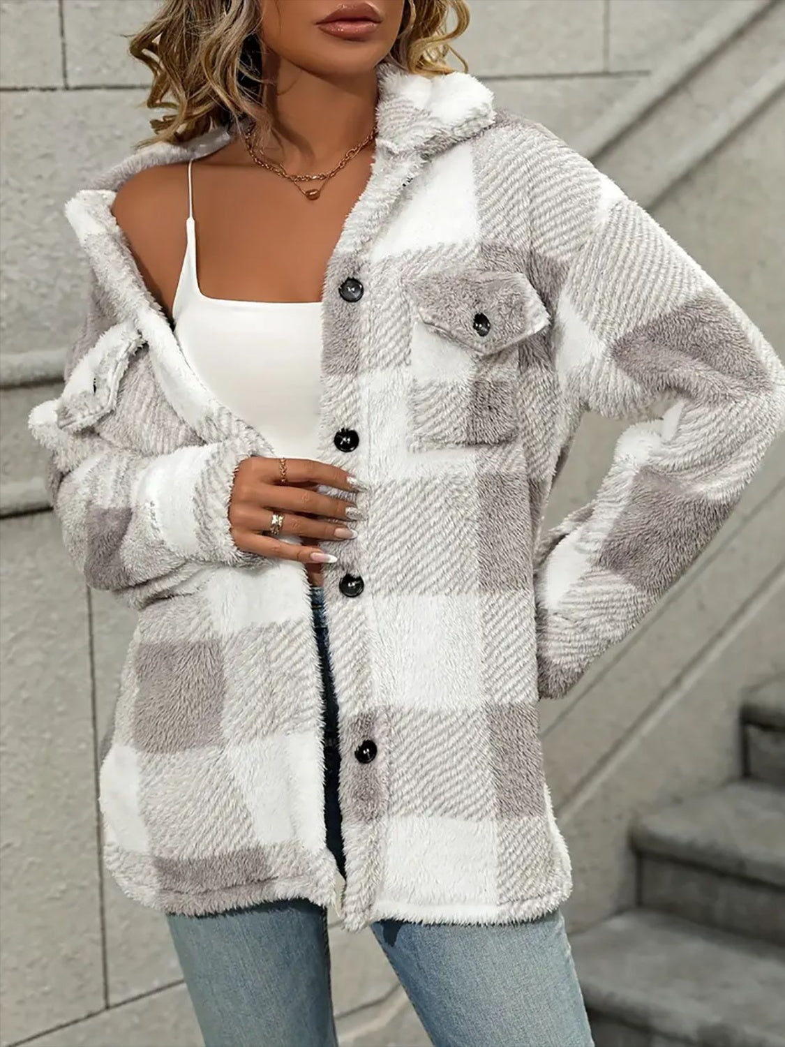 Plaid Dropped Shoulder Long Sleeve Plush Coat - Sydney So Sweet