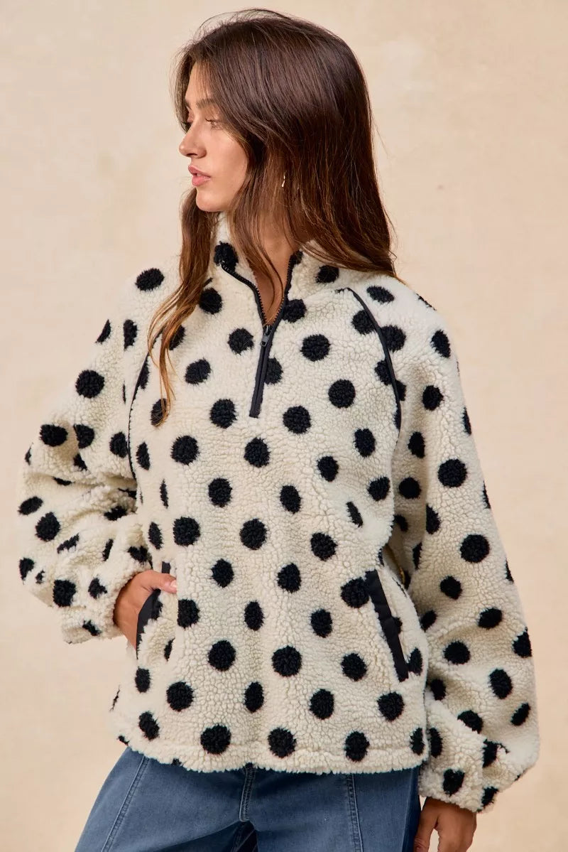 BiBi Polka Dot Sherpa Half Zip Up Top with Side Pocket - Sydney So Sweet