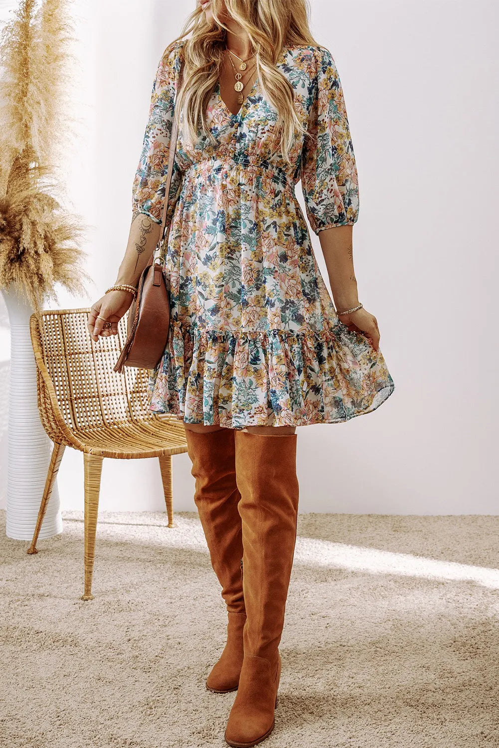 Printed V-Neck Half Sleeve Dress - Sydney So Sweet