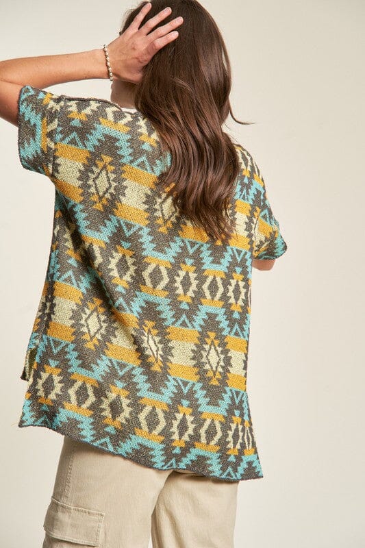 Davi & Dani High-Low Geometric Round Neck Knit Top - Sydney So Sweet
