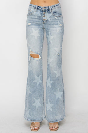 RISEN Mid Rise Button Fly Start Print Flare Jeans - Sydney So Sweet