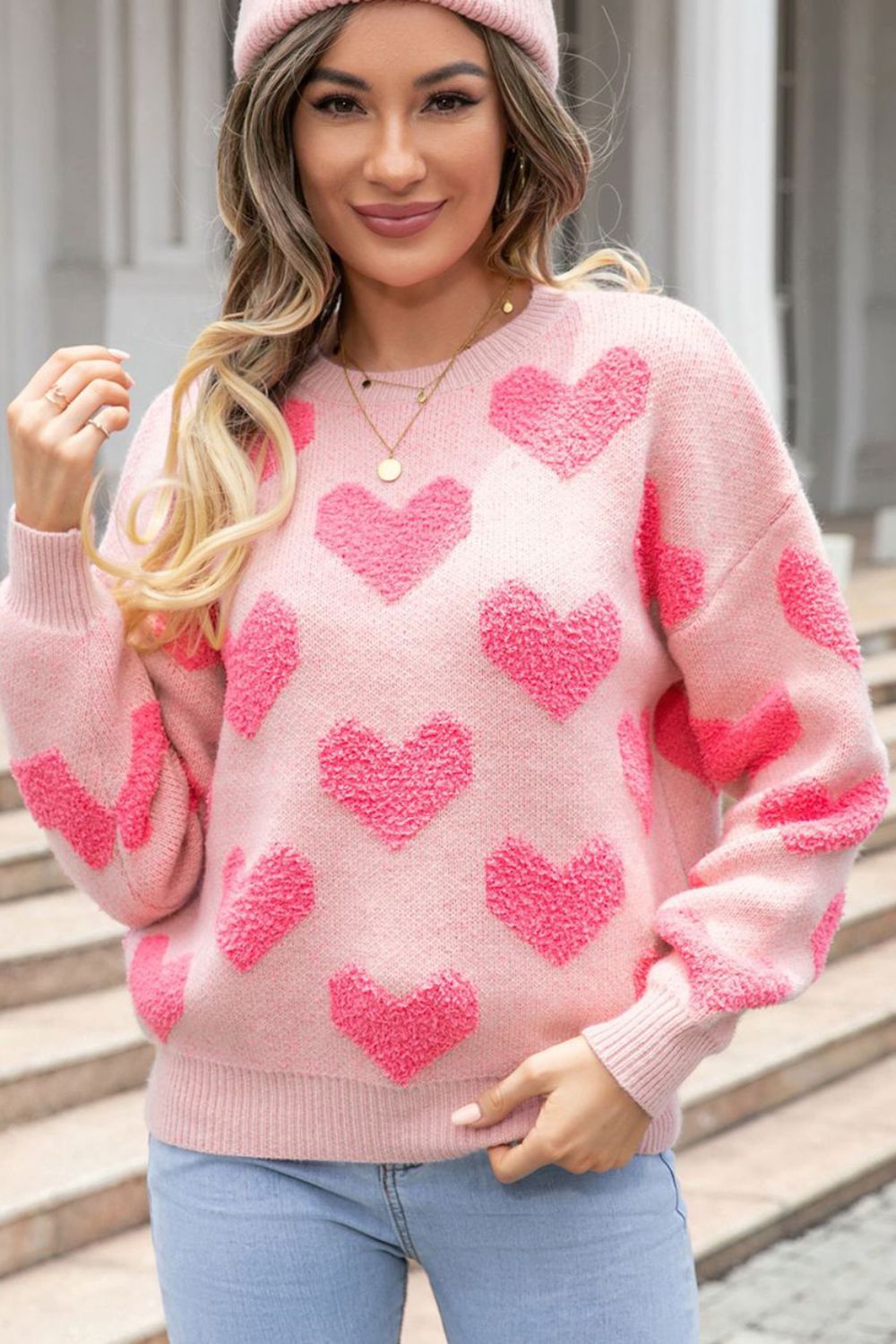 Valentine's Day Heart Jacquard Round Neck Sweater - Sydney So Sweet