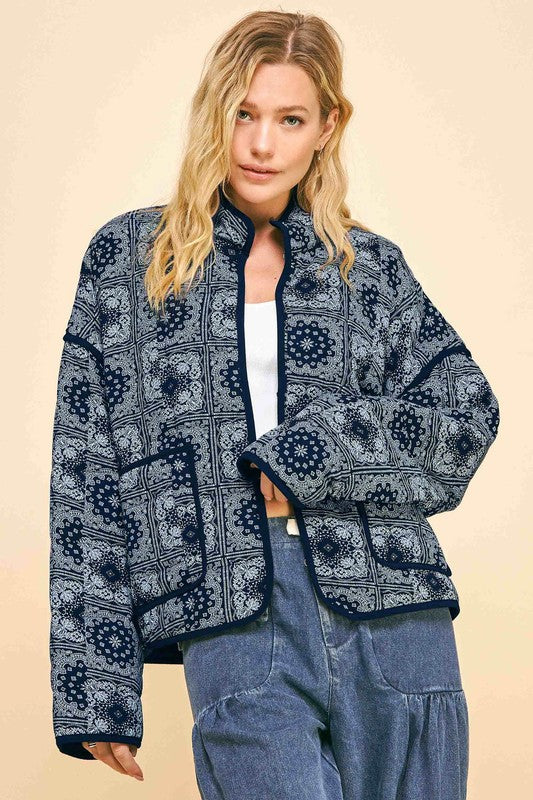 Davi &amp; Dani Vintage Print Open Front Jacket with Pockets - Sydney So Sweet