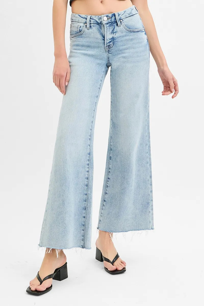 RISEN Full Size Tummy Control Low Rise Wide Leg Raw Cut Hem Jeans Plus Size - Sydney So Sweet