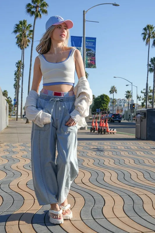 VERY J Washed Chambray Barrel Denim Pants - Sydney So Sweet