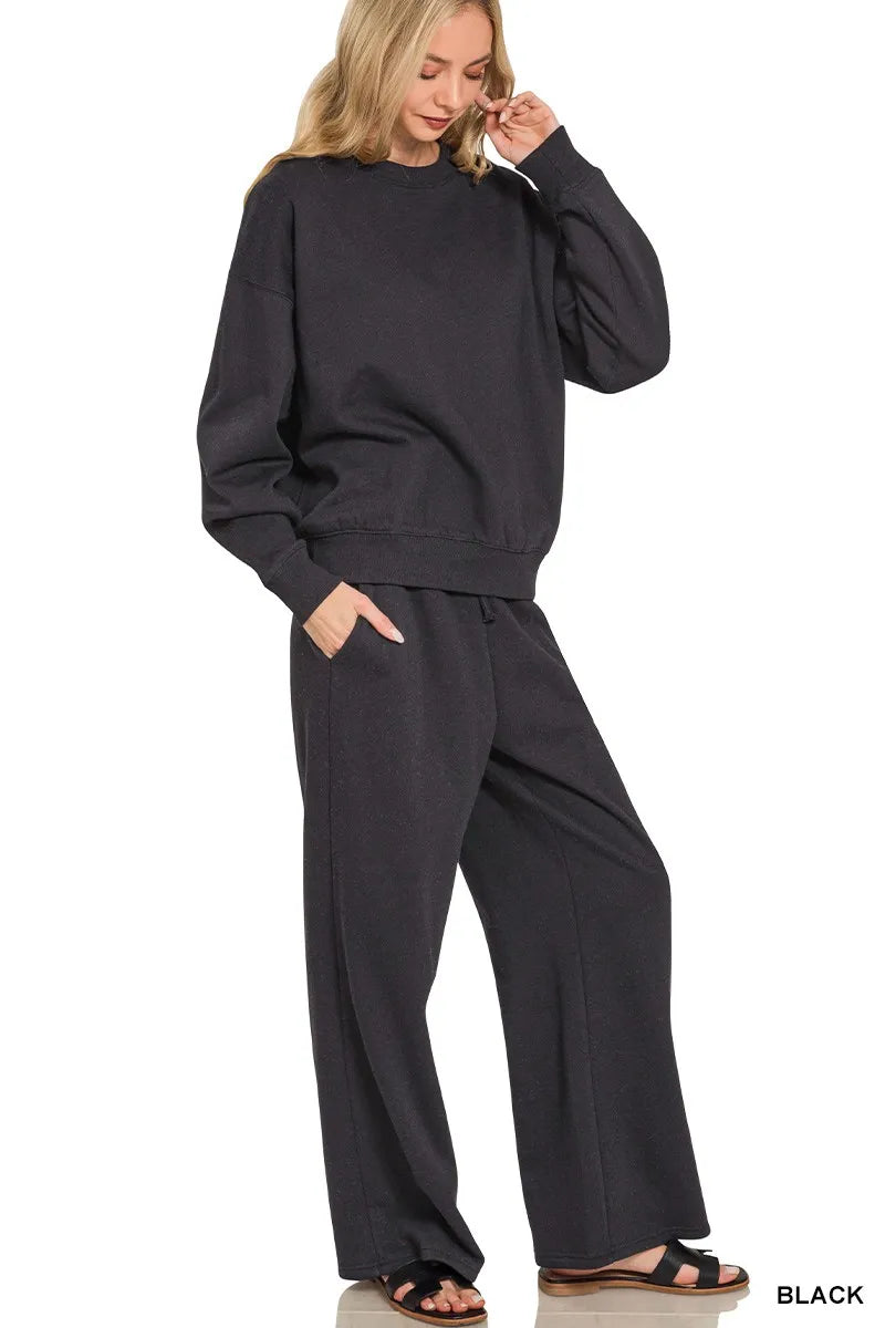 Zenana Fleece Long Sleeve Top and Sweatpants Set - Sydney So Sweet