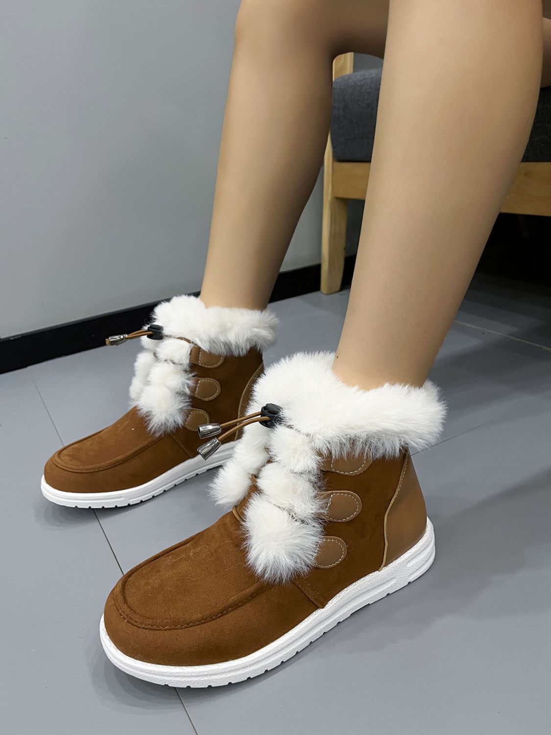 Plush Detail Suede Round Toe Boots - Sydney So Sweet