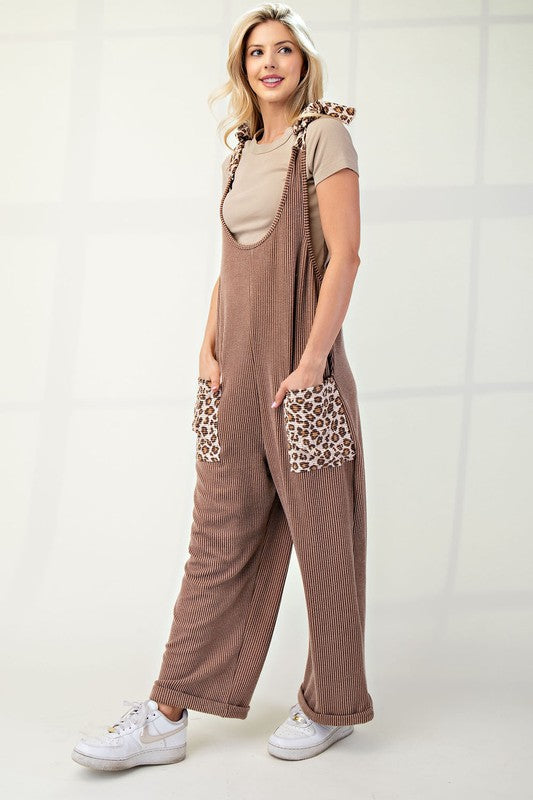 Celeste Full Size Ribbed Leopard Tied Shoulder Overalls - Sydney So Sweet