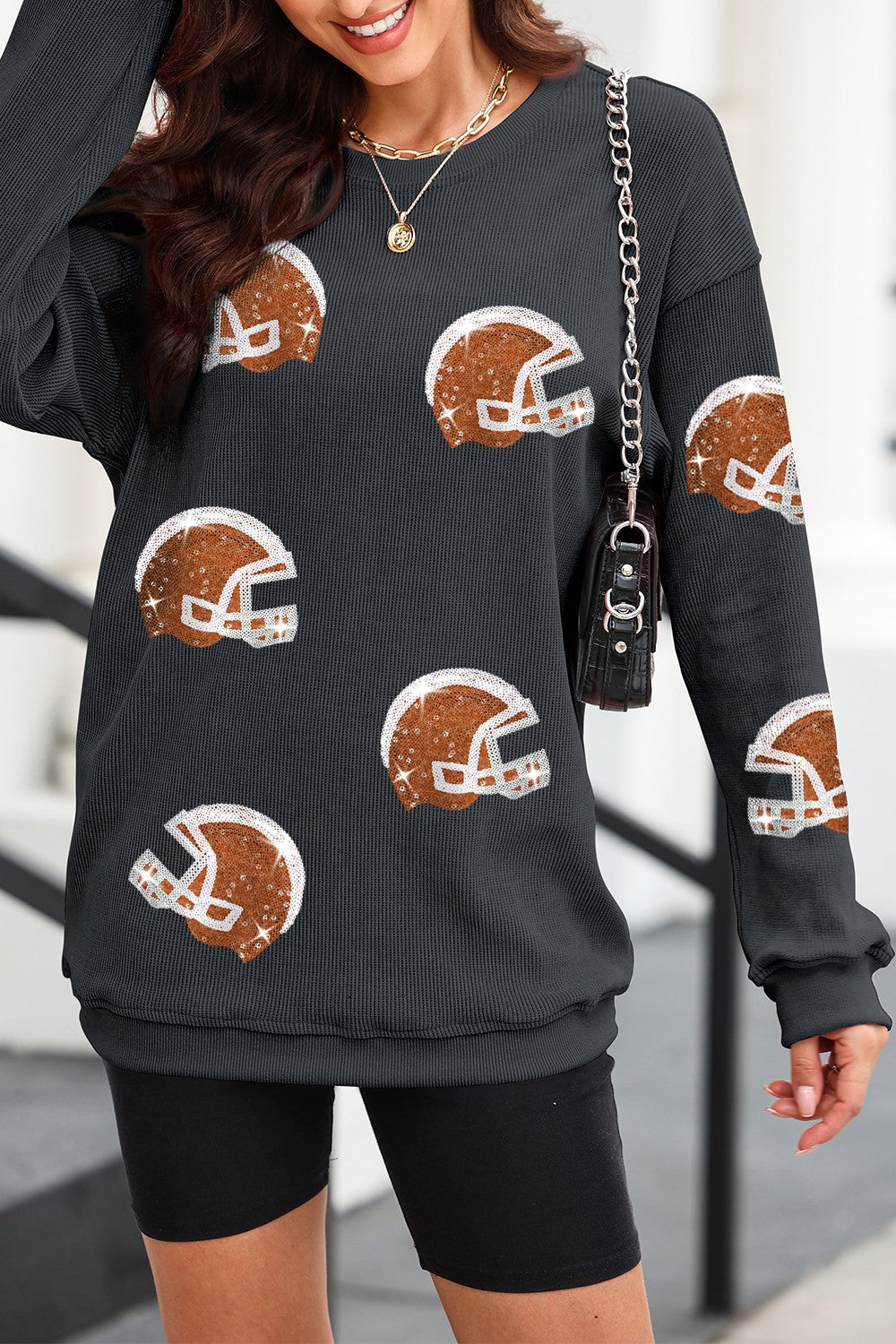 Sequin Football Helmet Women's Graphic Long Sleeve Sweatshirt - Sydney So Sweet