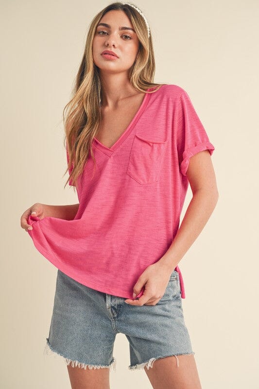 Aemi + Co Side Slit V-Neck Short Rolled Sleeve T-Shirt - Sydney So Sweet