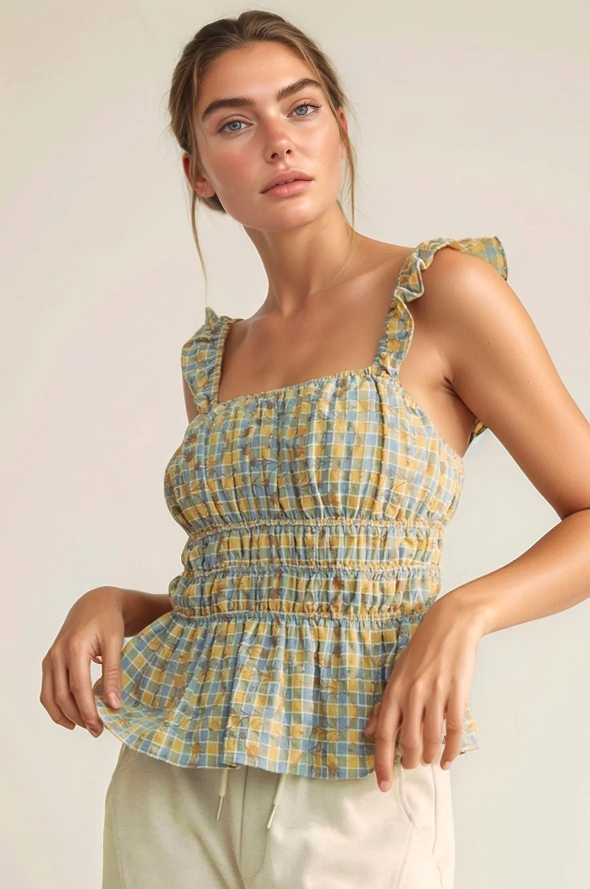 Davi & Dani Plaid Ruffled Strap Smocked Sleeveless Top - Sydney So Sweet