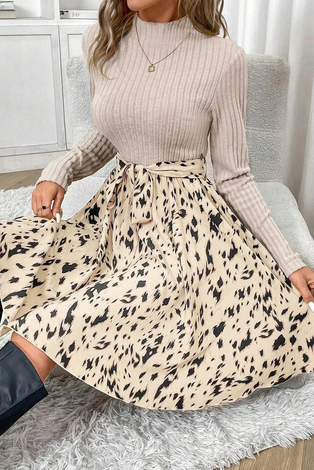 Tied Printed Mock Neck Long Sleeve Dress - Sydney So Sweet