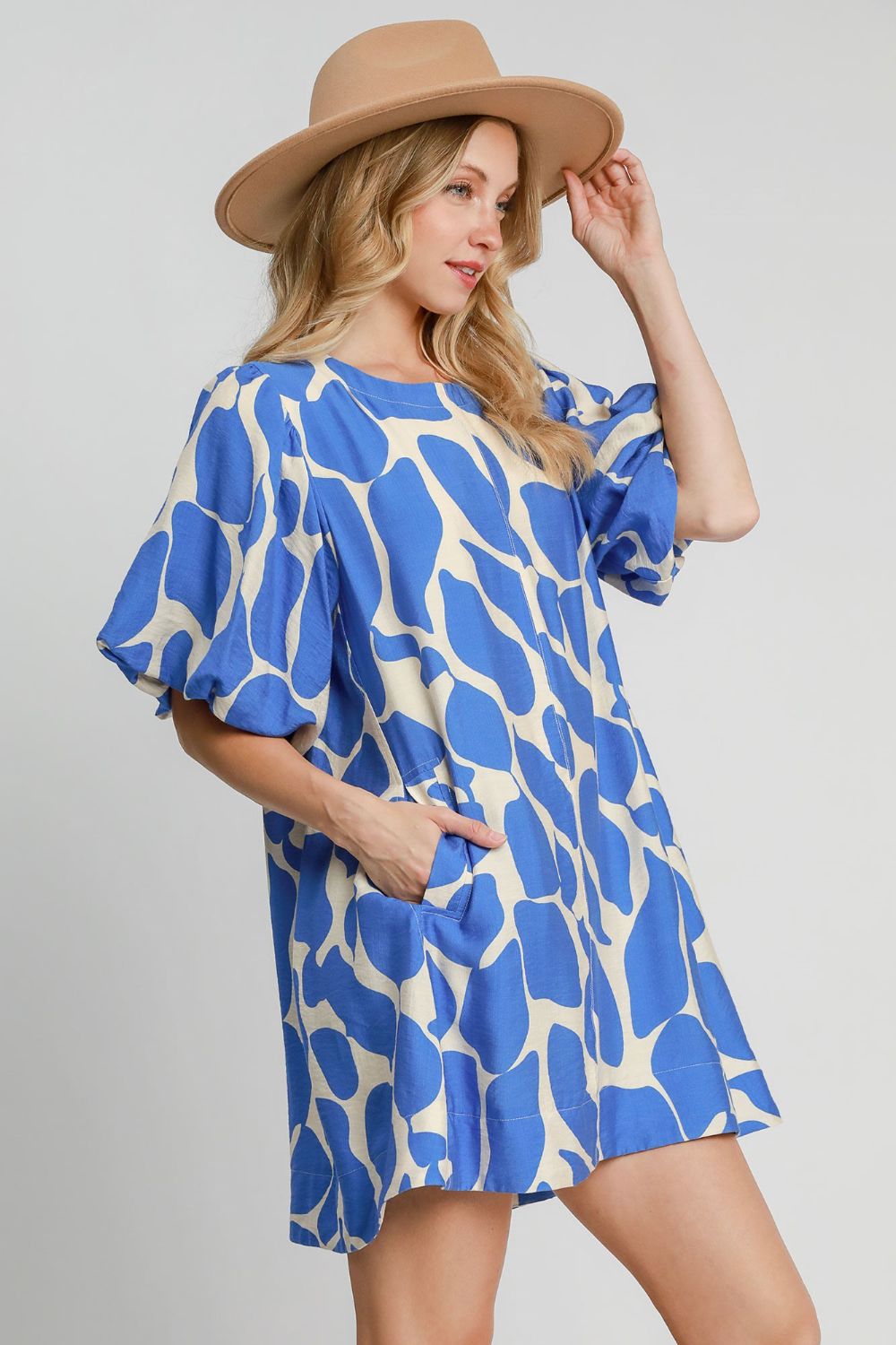 Umgee Two Tone Abstract Print Puff Sleeve Dress - Sydney So Sweet