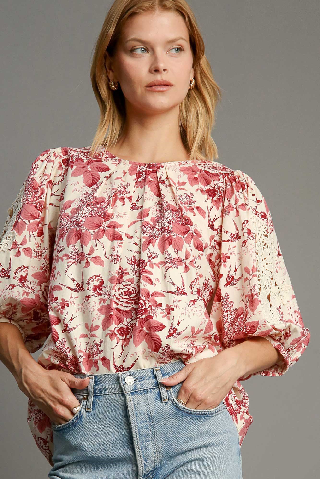 Umgee Floral Pleated Detail Lace Trim Sleeve Blouse - Sydney So Sweet