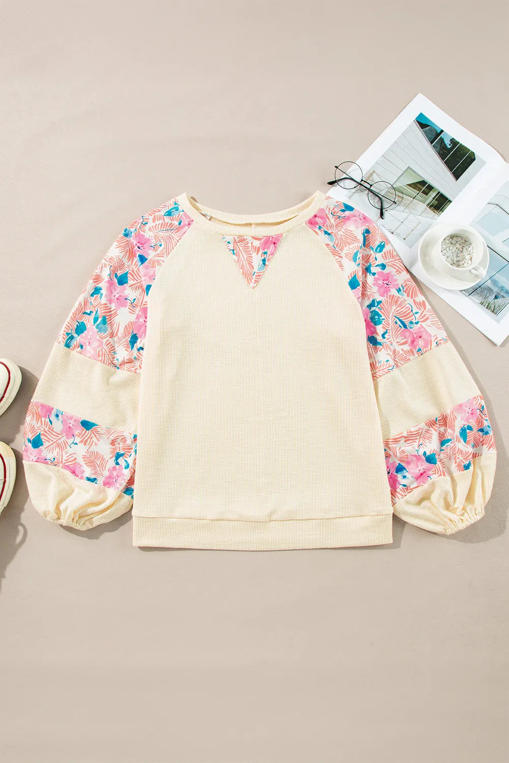 Printed Round Neck Balloon Sleeve Blouse - Sydney So Sweet