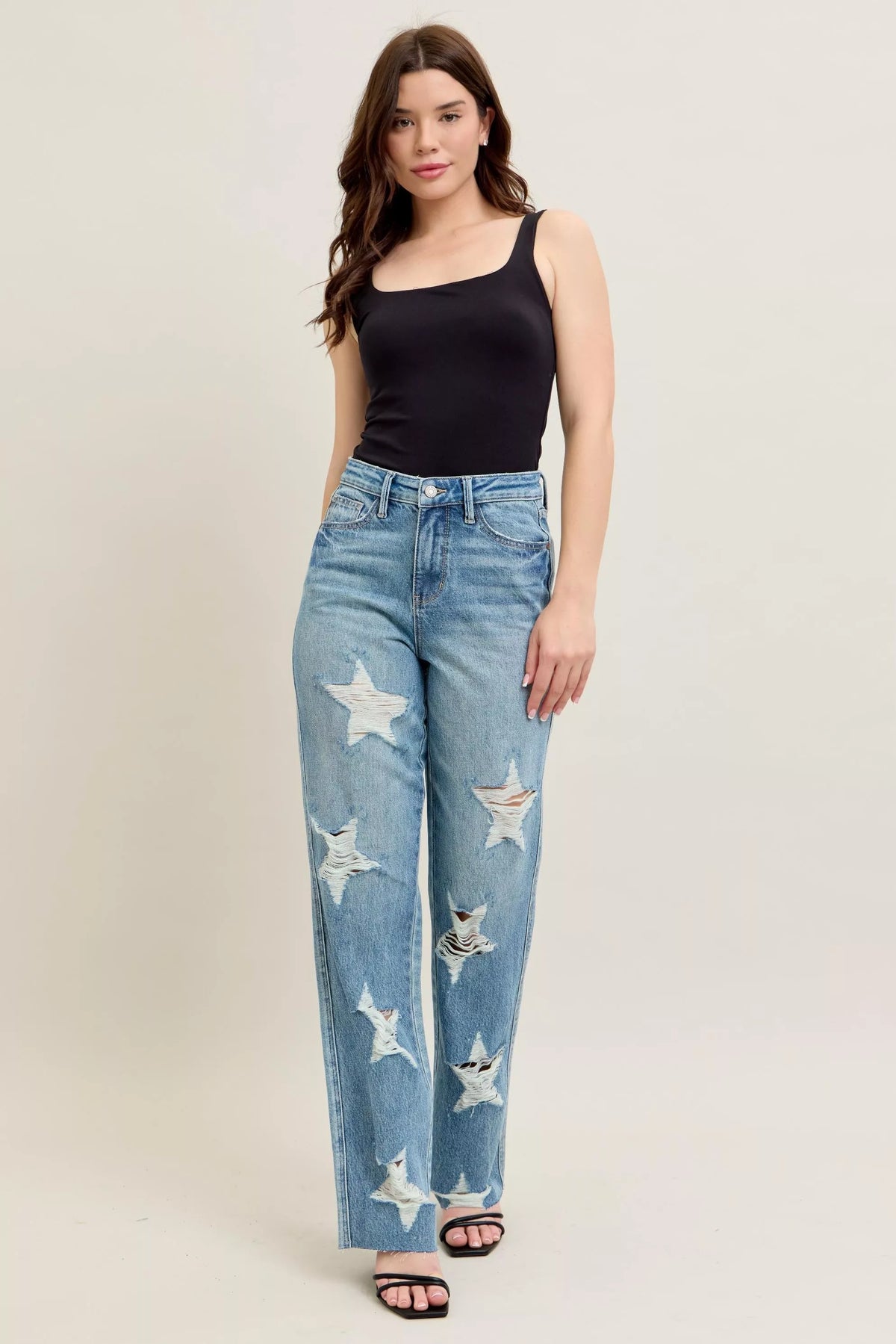 Judy Blue Full Size High Waist Rigid Magic Star Shaped Destroy 90's Straight Jeans Plus Size - Sydney So Sweet