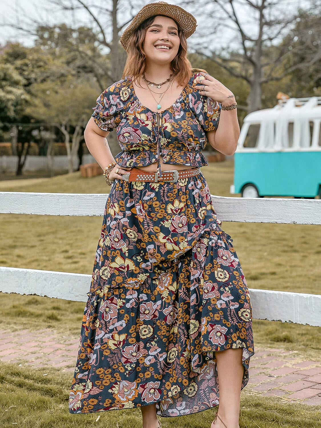 Plus Size Tie Neck Short Sleeve Top and Skirt Set - Sydney So Sweet