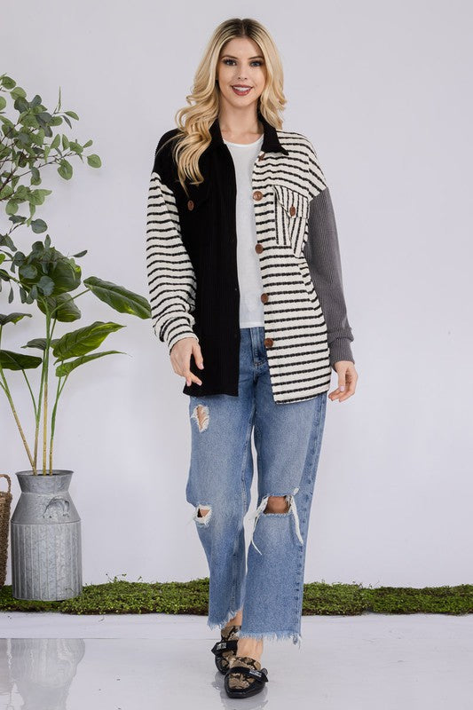 Celeste Full Size Striped Button Up Dropped Shoulder Shacket - Sydney So Sweet