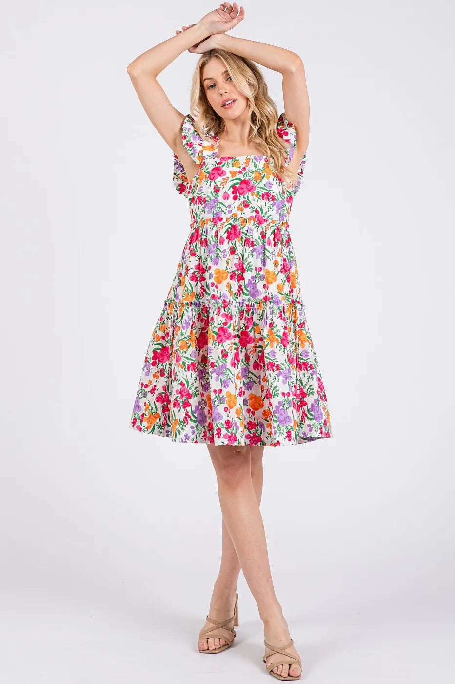 Mittoshop Flower Print Ruffle Shoulder A-line Mini Dress - Sydney So Sweet
