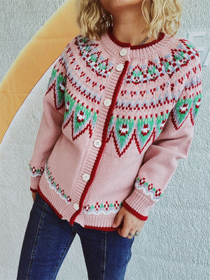 Contrast Geometric Round Neck Long Sleeve Cardigan Sweater - Sydney So Sweet