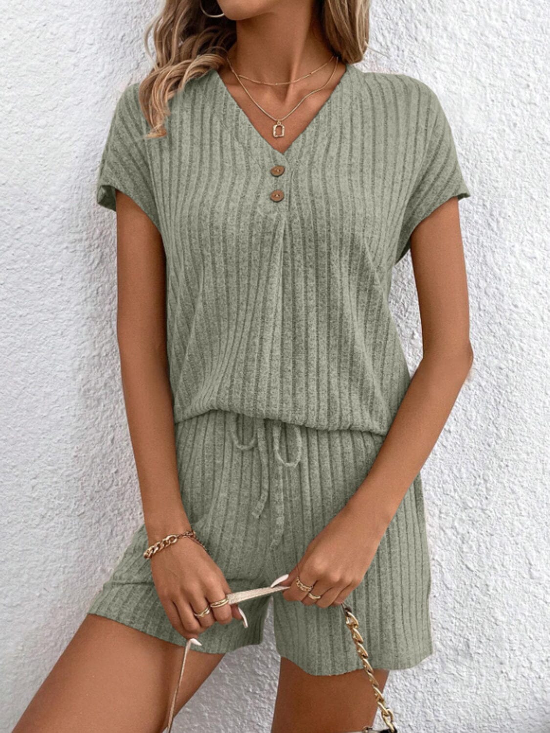 Ribbed V-Neck Top and Shorts Set - Sydney So Sweet