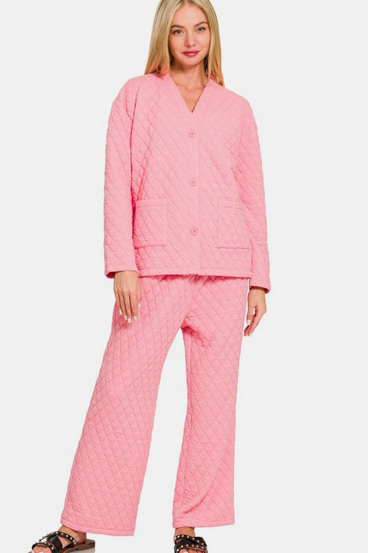 Zenana Quilted Button Up Long Sleeve Top and Pants Lounge Set - Sydney So Sweet