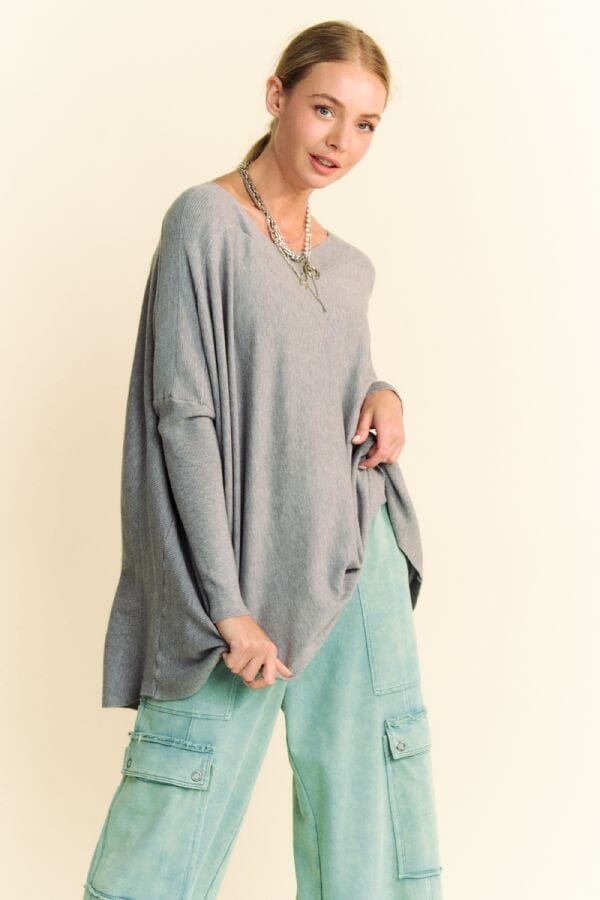 Davi & Dani Round Neck Dropped Shoulder Long Sleeve Knit Top - Sydney So Sweet