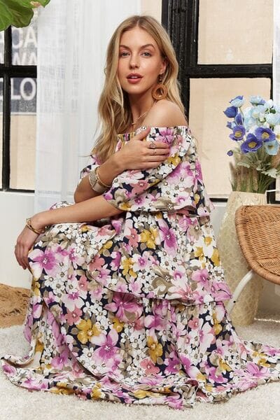 ADORA Layered Floral Off-Shoulder Short Sleeve Maxi Dress - Sydney So Sweet