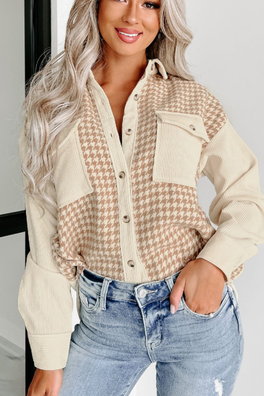 Houndstooth Button Up Long Sleeve Jacket - Sydney So Sweet