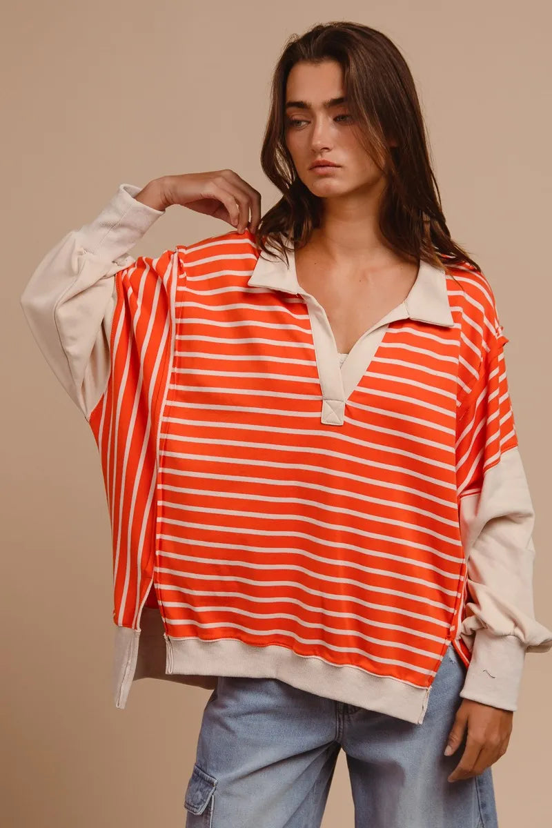 BiBi Stripe Knit Loose Fit Top With Cut Edge Detail - Sydney So Sweet