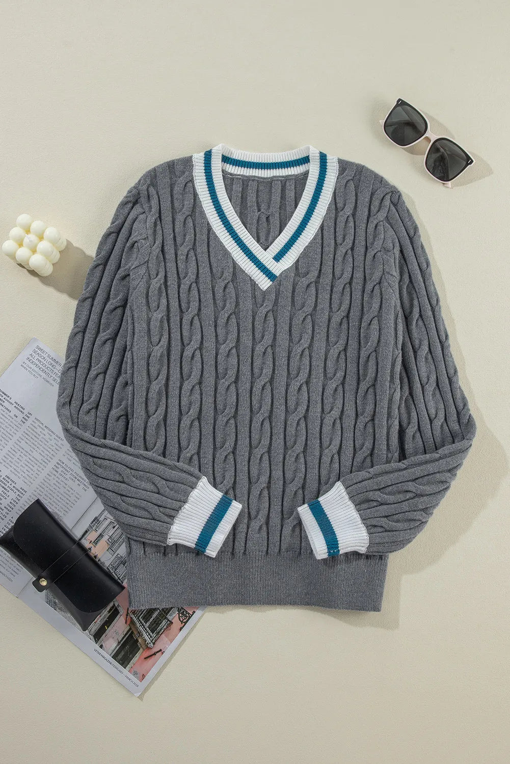 Cable-Knit V-Neck Long Sleeve Sweater - Sydney So Sweet