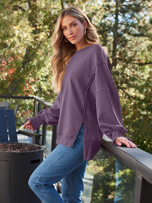 Slit Round Neck Long Sleeve Sweatshirt - Sydney So Sweet