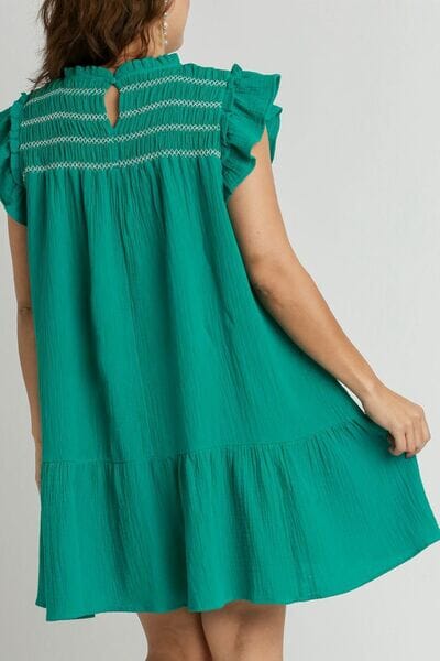 Umgee Full Size Smocked Contrast Stitching Ruffle Cap Sleeve Round Neck Dress Plus Size - Sydney So Sweet