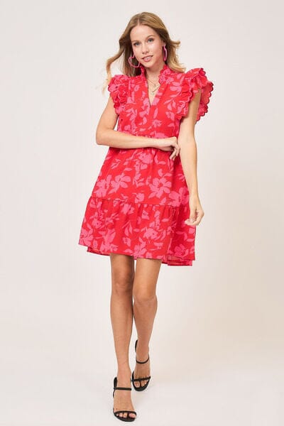 Umgee Full Size Two Tone Floral Print Ruffle Cap Sleeve Mini Dress Plus Size - Sydney So Sweet