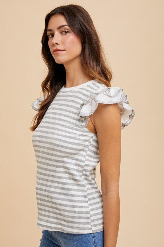 Annie Wear Ruffled Striped Round Neck Cap Sleeve Knit Top - Sydney So Sweet