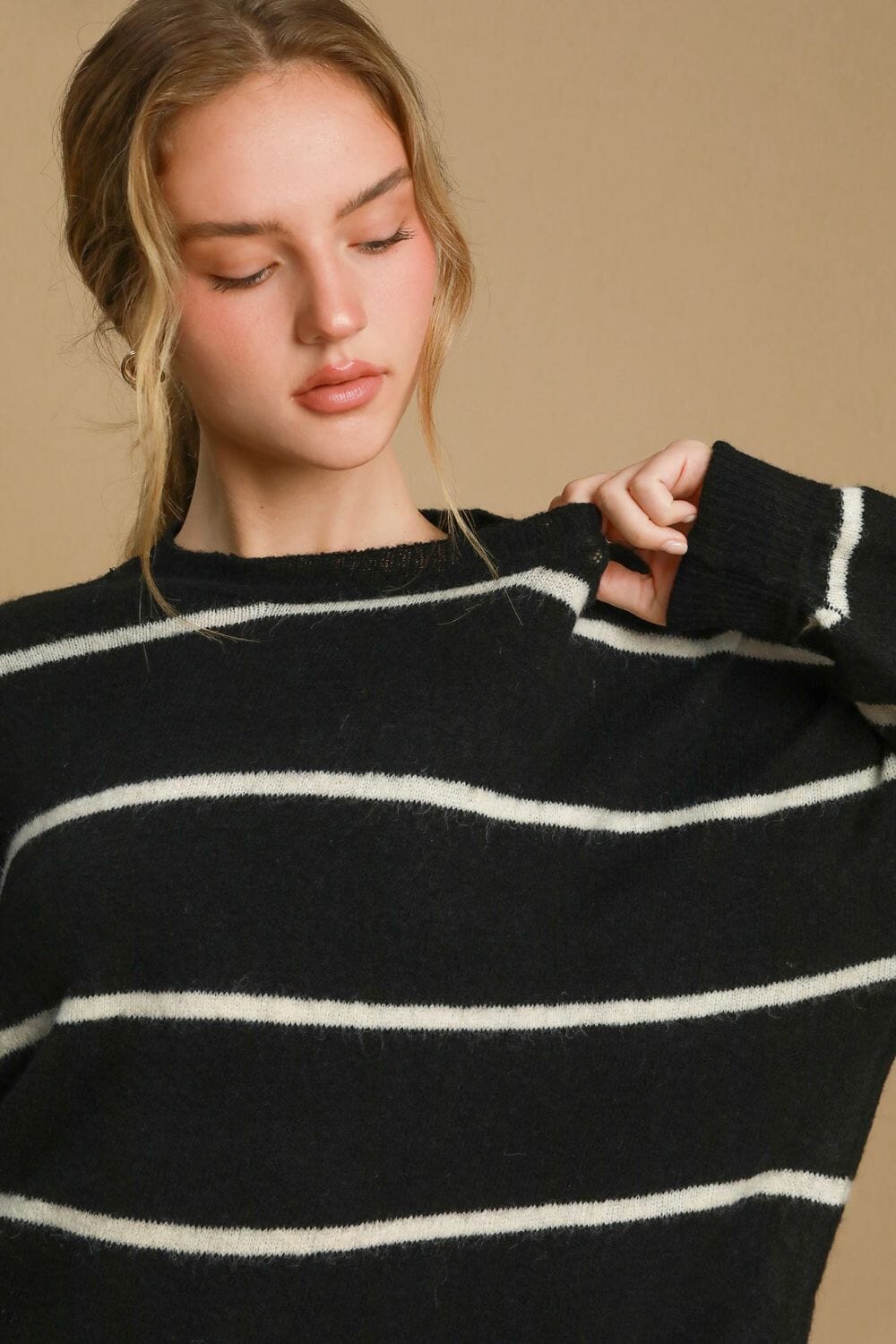 Umgee Wool Blend Striped Round Neck Sweater - Sydney So Sweet