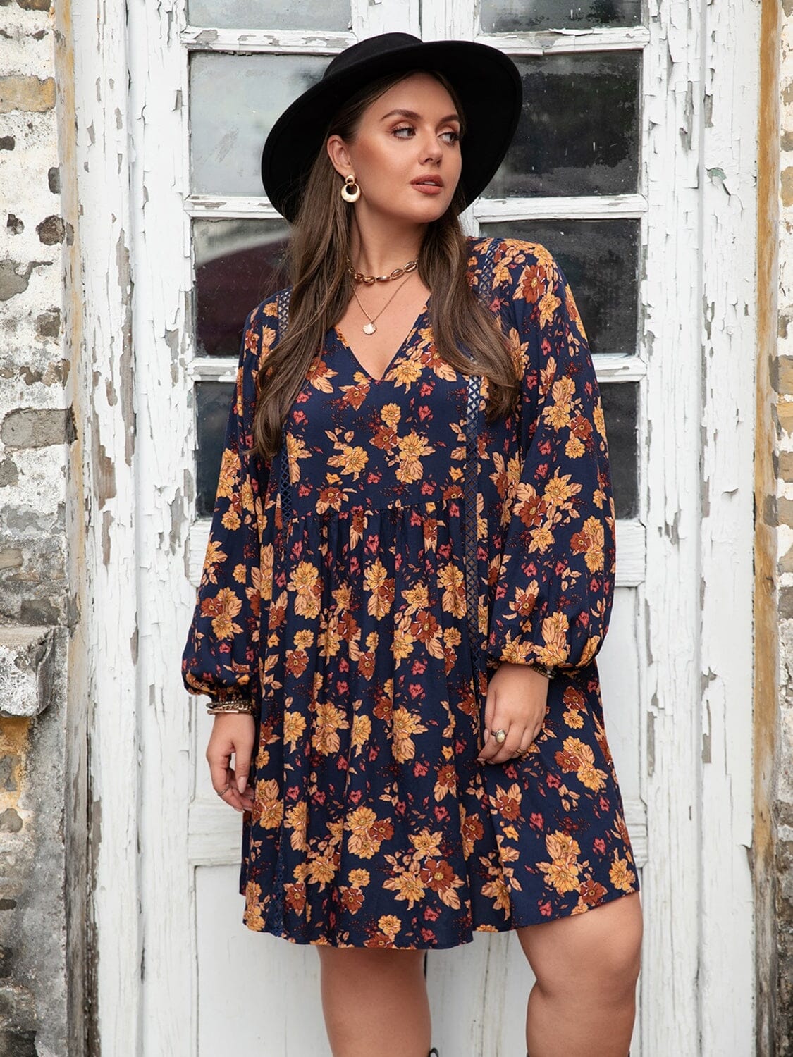 Plus Size Floral V-Neck Balloon Sleeve Dress - Sydney So Sweet