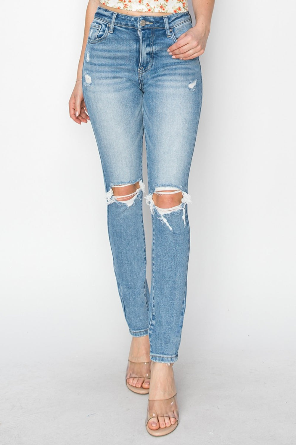 Risen Full Size High Rise Knee Distressed Skinny Jeans - Sydney So Sweet