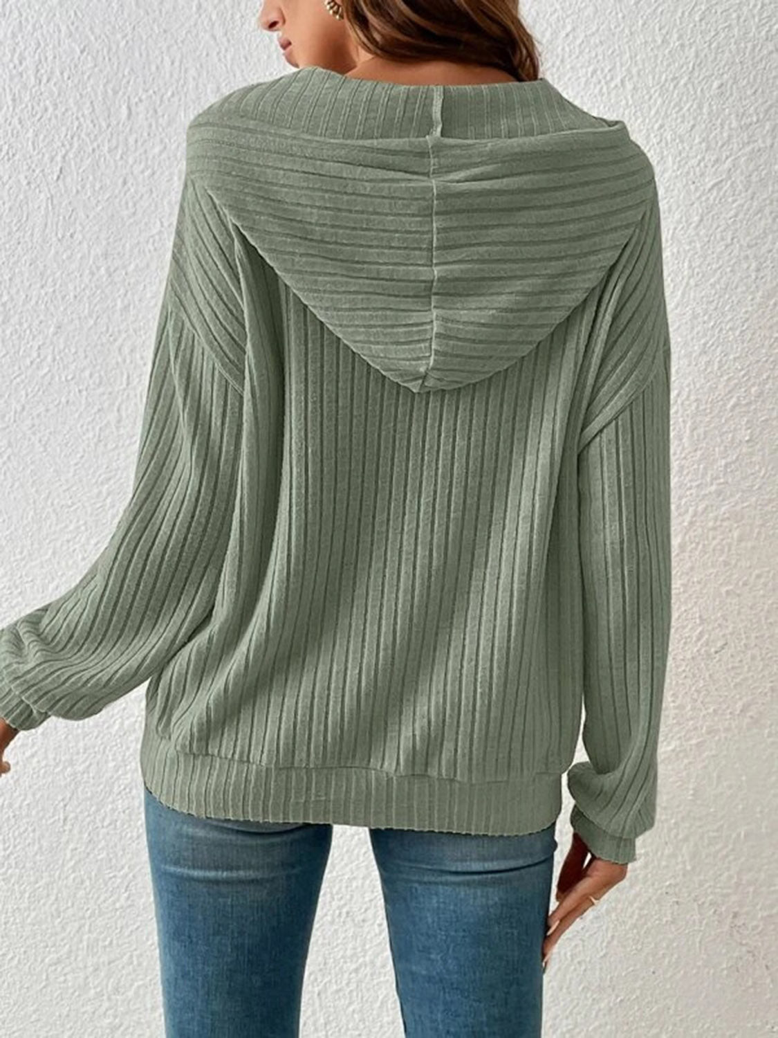 Ribbed Dropped Shoulder Drawstring Hoodie - Sydney So Sweet