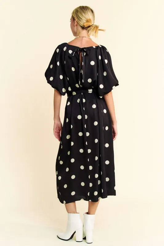 Davi & Dani Polka Dot Puff Sleeves Waist Tie Midi Dress - Sydney So Sweet