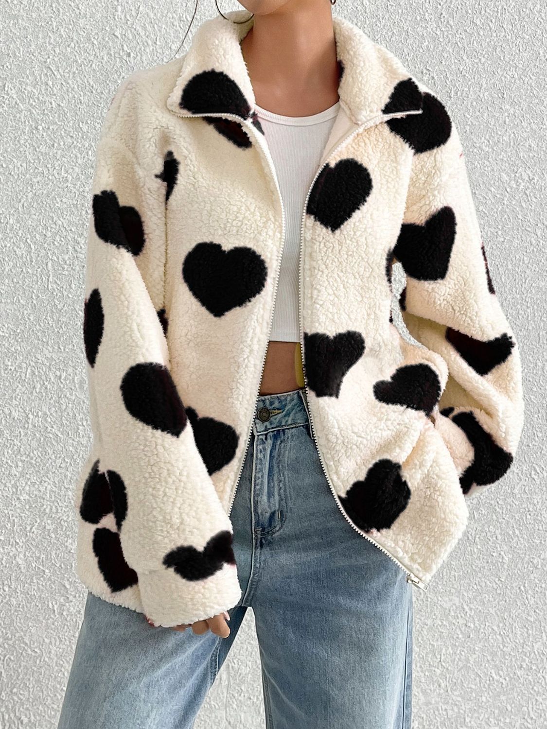 Heart Zip Up Drop Shoulder Furry Jacket - Sydney So Sweet