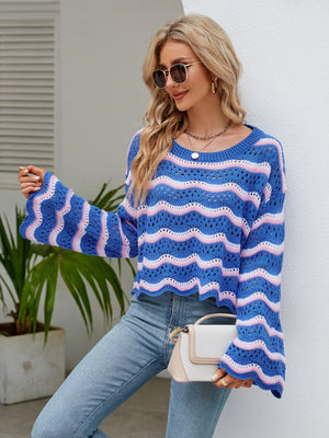 Round Neck Openwork Flare Sleeve Knit Top - Sydney So Sweet