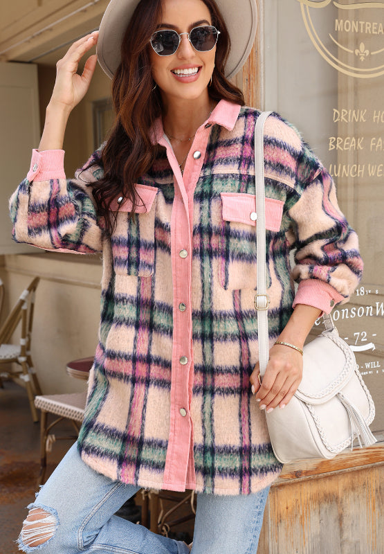 Fuzzy Plaid Corduroy Patchwork Shacket - Sydney So Sweet