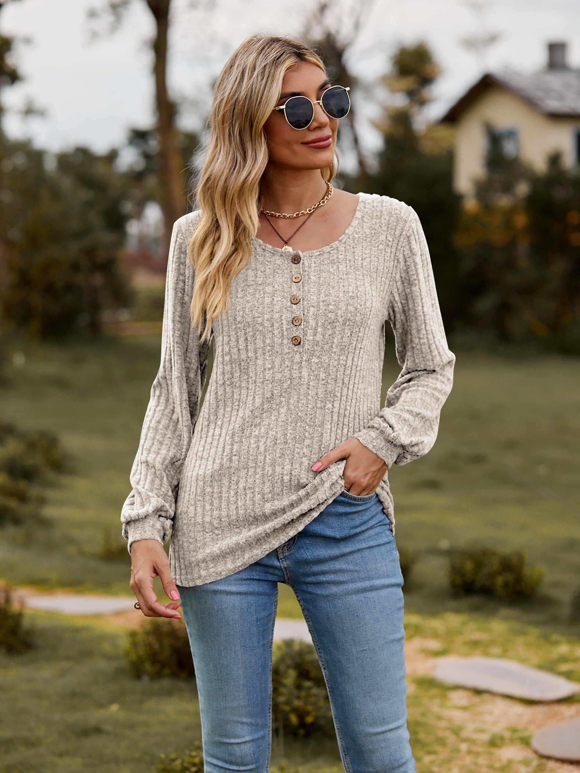 Round Neck Button-Down Long Sleeve Tee - Sydney So Sweet