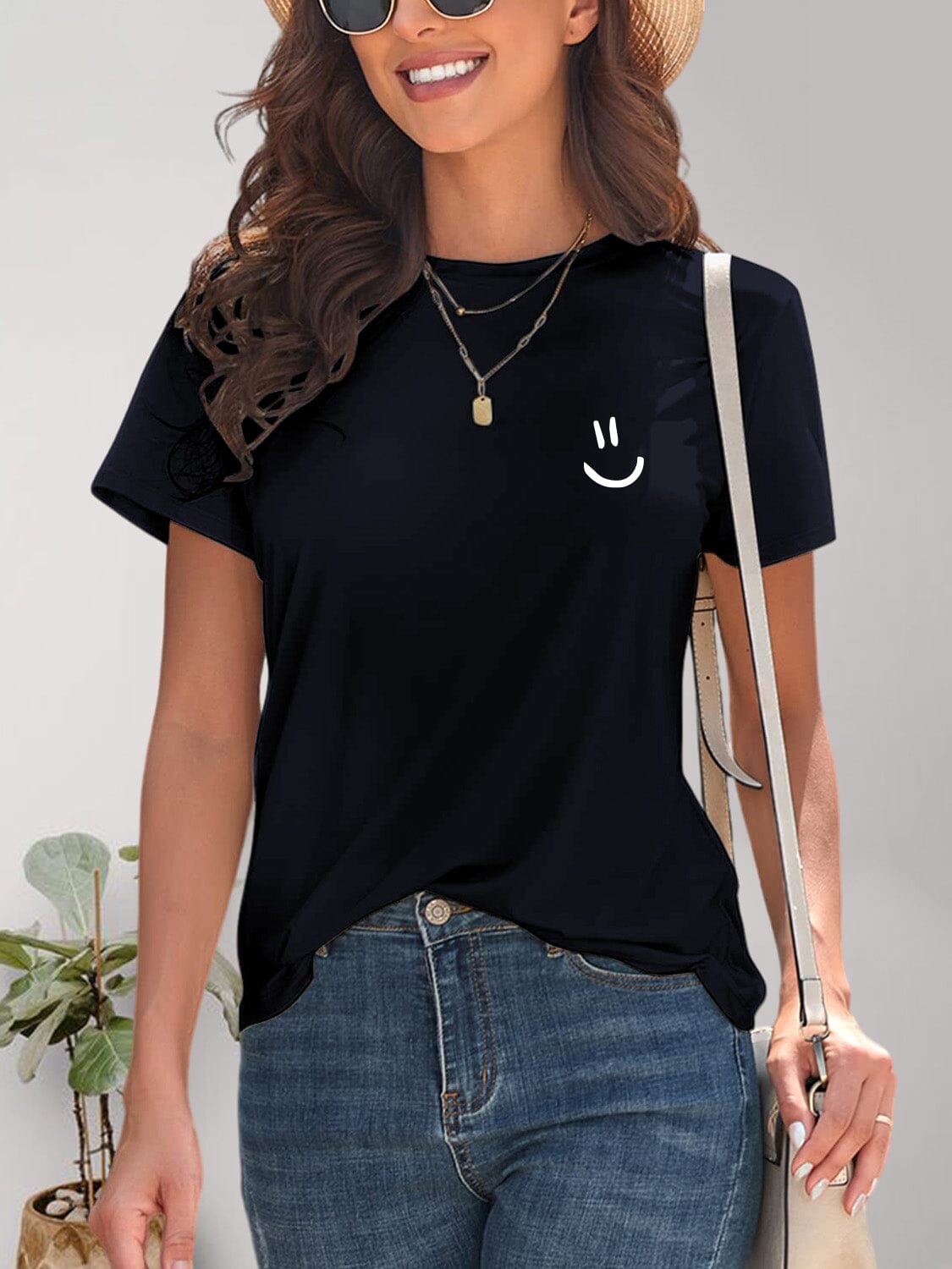 Smile Graphic Round Neck Short Sleeve T-Shirt - Sydney So Sweet