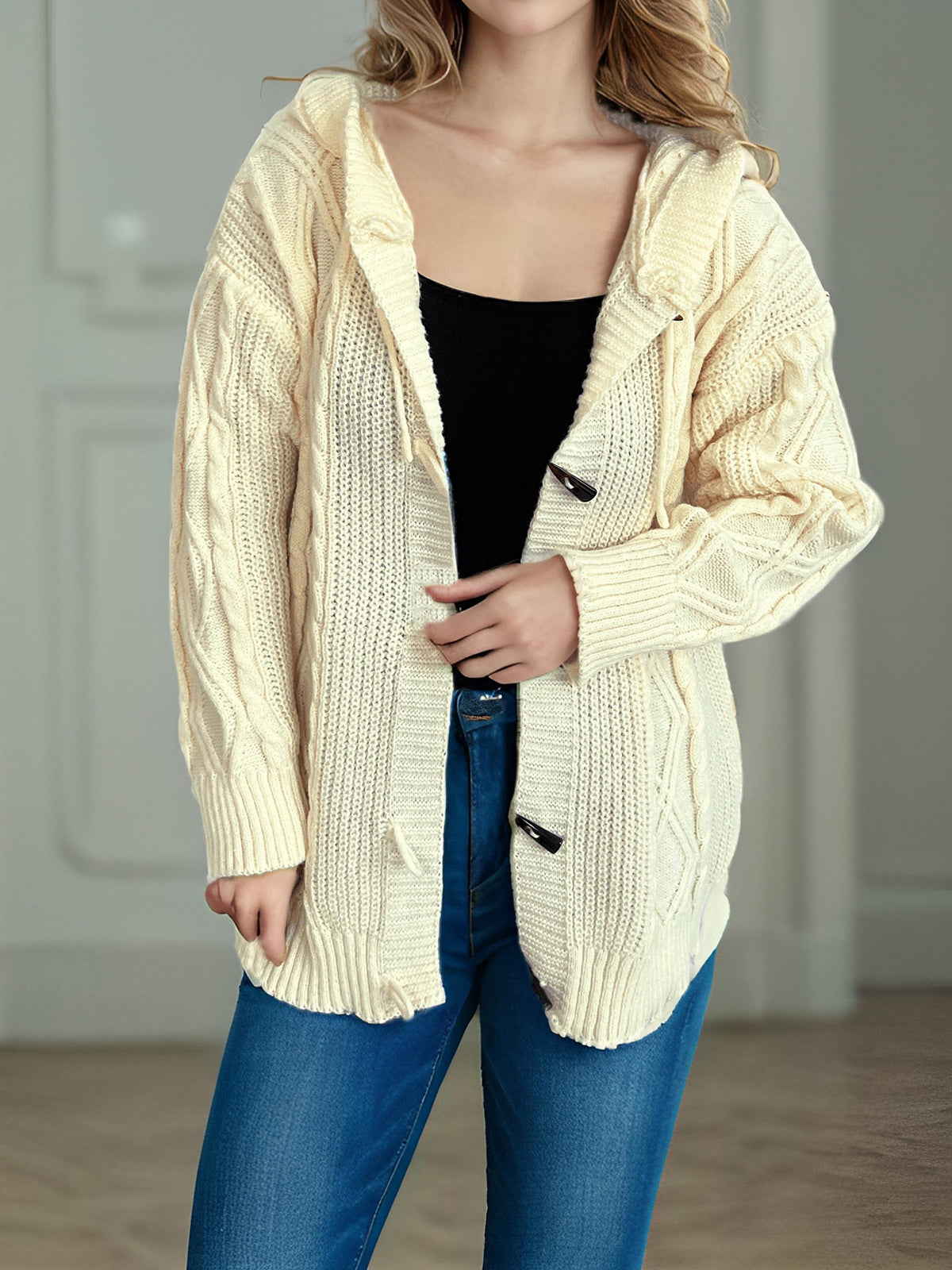 Cable-Knit Long Sleeve Hooded Cardigan - Sydney So Sweet