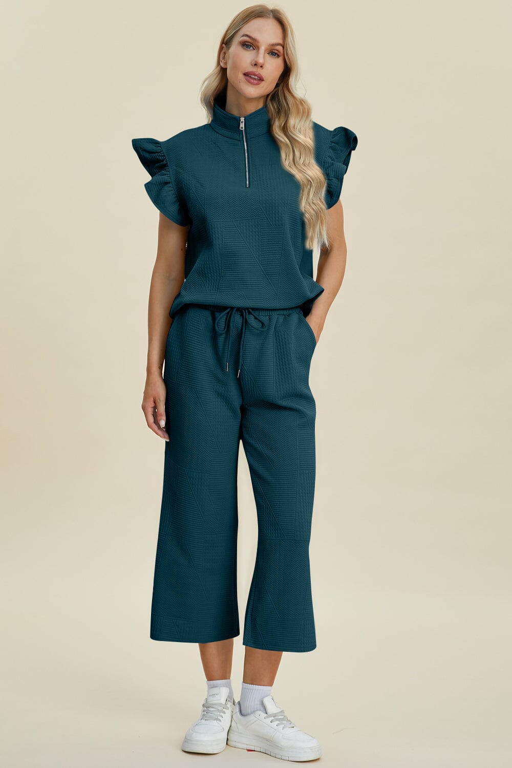 Double Take Full Size Texture Ruffle Short Sleeve Top and Wide Leg Pants Set - Sydney So Sweet